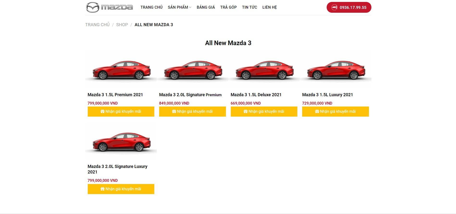 Trang Sản Phẩm Website Ô Tô Mazda