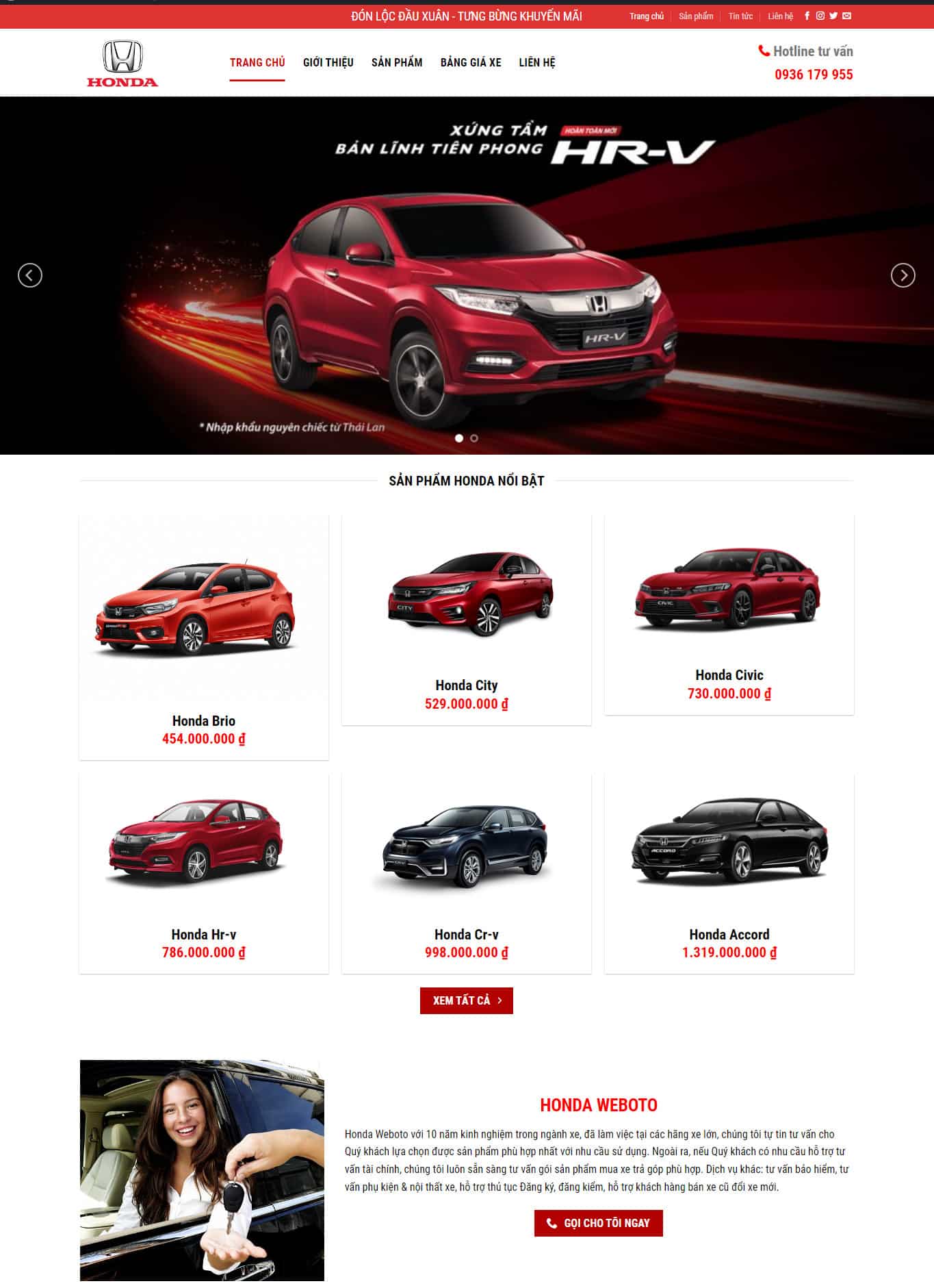 Giao diện trang chủ website bán xe ô tô Honda
