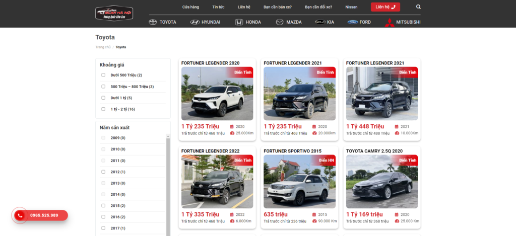 Giao diện trang sản phẩm webiste kinh doanh xe cũ Vương Quốc Gầm Cao